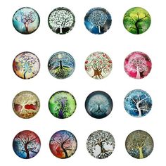 a bunch of different types of buttons on a white background with trees painted on them