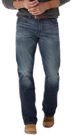 Denim Jeans For Rodeo, Straight Leg Denim Blue Jeans For Rodeo, Dark Wash Jeans For Rodeo, Dark Wash Jeans For Rodeo With Five Pockets, Medium Wash Jeans With Five Pockets For Rodeo, Western Style Relaxed Fit Straight Leg Jeans, Rugged Medium Wash Jeans For Rodeo, Bootcut Jean, Wrangler Jeans