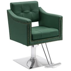 a green chair with studded trimmings on the arms and legs is shown in front of a white background