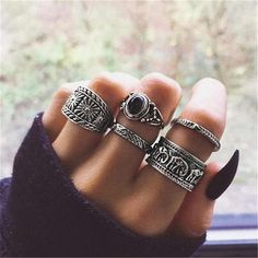 Edgy Rings Grunge Silver, Dark Acedamia Rings, Gringe Rings, Midi Ring Set, Black Opal Stone, Ring Sets Boho, Carved Ring, Silver Ring Set, Casual Jewelry