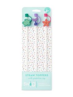 three straw toppers with starfish and seahorse design