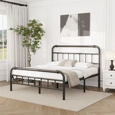 a bedroom with white walls and wood flooring has a black metal bed frame, along with a potted plant in the corner