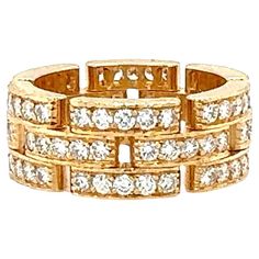 This exquisite 18K yellow gold Maillon Panthère band by Cartier embodies timeless elegance with a bold, luxurious design. Featuring three rows of diamond pavé-set links, this band sparkles with 90 bead-set round brilliant-cut diamonds, totaling approximately 1.40 carats. Each diamond is of F color and VS-1 clarity, offering exceptional brilliance that enhances the band’s iconic panther link motif. Sized at 6 (with inner sizing options available only to reduce size), the band measures 8 mm wide, Stylish Jewelry Accessories, Cartier Diamond, Sapphire And Diamond Band, Rock Collecting, Cartier Panthere, Yellow Gold Diamond Ring, Fine Jewelery, Gold Band Ring, White Gold Band