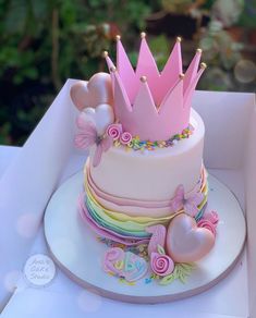 there is a cake with a pink crown on it