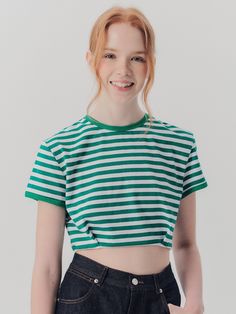 Editor's NotesThe new WED_Modern Stripe Crop Top features a unique folded detail from the hemline that creates a slim cropped fit and a casual charming mood. The vivid colorway will complete your daily look.- Casual and charming mood- Slim cropped fit- Vivid color and fold detailMeasurements(in.)S / M- Length: 14.96 in. / 15.35 in.- Bust: 38.58 in. / 40.94 in- Waistline: 25.19 in. / 27.56 in.- Shoulder length: 16.14 in. / 16.93 in.- Sleeve length: 5.51 in. / 5.91 in.* Model info: Size S / Height Casual Fitted Top With Striped Hem, Cotton Summer Top With Striped Hem, Green Relaxed Fit Cotton Crop Top, Summer Cotton Top With Striped Hem, Green Relaxed Fit Trendy Crop Top, Spring Short Sleeve Top With Striped Hem, Spring Green Crew Neck Crop Top, Green Crew Neck Crop Top For Spring, Casual Summer Top With Striped Hem