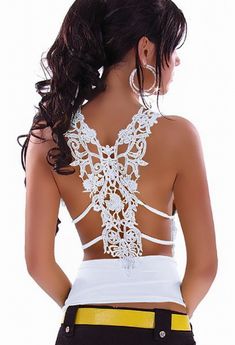 Ruffle Top blouse with Sexy Case Back For Embroidery sold by Just 4 Fashion on Storenvy Cheap Flirty Clubwear Tops, Low Cut Tops Nordstrom, White Backless Top For Evening, Backless Lace Party Tops, White Backless Top For Night Out, Elegant White Stretch Crop Top, White Lace Crop Top For Night Out, Elegant Lace Crop Top For Wedding, Fitted White Crop Top For Evening