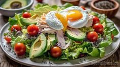 a salad with avocado, tomatoes and an egg on top is sitting on a plate