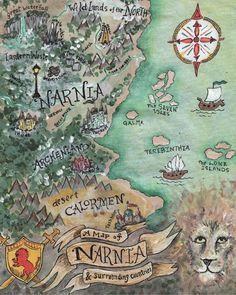 an illustrated map of narnia with the names of towns and locations in it