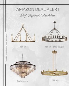 the amazon deal alert chandelier is shown in three different colors and sizes, including gold