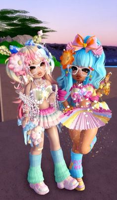 two very pretty dolls standing next to each other