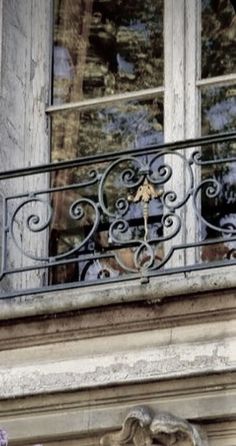 an ornate balcony with wrought iron balconies and flowers in the window sill