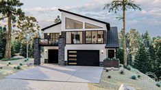 this is a computer rendering of a modern style house in the woods with lots of trees