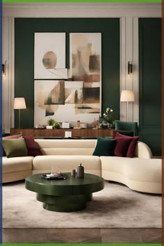 a living room filled with lots of furniture next to a painting on the wall above a coffee table