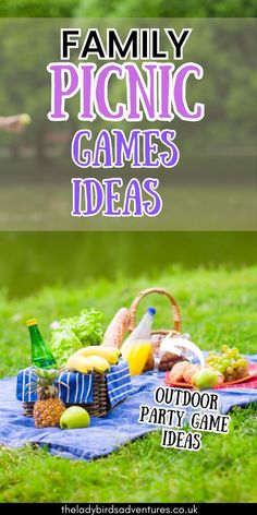 Picnic basket filled with food. Text reads  family picnic games ideas, outdoor party games ideas Picnic Games Ideas, Fun Picnic Games, Summer Picnic Games, Picnic Games For Kids, Family Picnic Games, Outdoor Games To Play, Family Reunion Ideas, Preschool Family, Picnic Activities