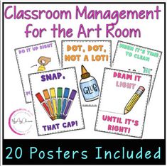 classroom management for the art room with posters and clippings to help students learn how to