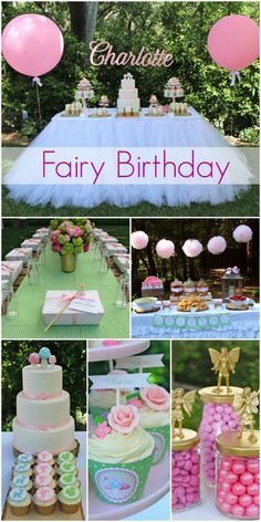 a collage of photos with pink and blue balloons, cake, cupcakes and other items