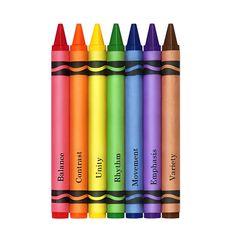 six crayons are lined up in the same row, with different colors on them