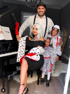 101 Dalmatians Couple Costume, Cruella Deville Family Costume, Cruella Deville And Dalmation Costume, 101 Dalmations Costume Family, Cute Family Halloween Costumes, Cruella Party, 101 Dalmations Costume, Whimsical Costume, Matching Family Halloween Costumes