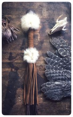 an arrangement of feathers and other items on a table