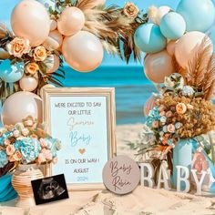 This unique but simple pregnancy announcement idea is perfect for your baby reveal to parents, family, and friends on social media too! Personalize this summer beach pregnancy announcement in blue with a boho vibe. It's a cute way to announce your pregnancy. With balloons and flowers. Summer Pregnancy Announcement, Beach Pregnancy Announcement, August Baby, New Grandparents, Beach Maternity