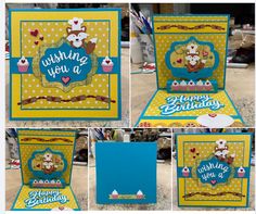 four pictures of different cards with the words wishing you a happy birthday on them, and an image of a bear holding a cupcake