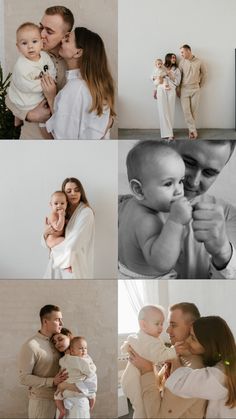 a collage of people holding babys and posing for pictures with their parents in white outfits