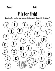 the letter f is for fish worksheet with an image of a fish and letters