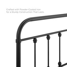 an image of a metal bed frame with the words crafted with power - coated iron for a study construction that lasts