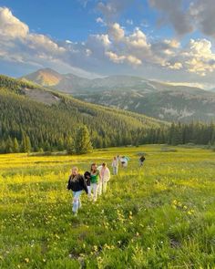 a group of people walking across a lush green field under a cloudy blue sky with mountains in the background