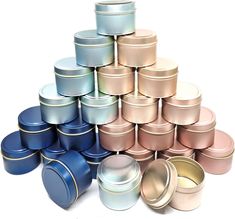 24Pcs 4Oz Candle Tins for DIY Candle, Metal Candle Container Tins Package Includes: 24 COMPLETE CANDLE TINS-24 tins, 24 lids- Empty Metal Storage Containers. 6pcs rose gold tins + 6pcs light blue tins + 6pcs dark blue tins+ 6pcs champagne color tins. Capacity of the Canld Tins: 4oz = ½ cup = 118 ml; SIZE: 2” tall by 2.7'' diameter of those Round Tin Cans. Versatile Usage: Unixing candle tins used for candle making, party favors, Store gifts, spices & herbs, balms & gels, geocaching, crafts, travel, storage & more, Our tins are Easy to Carry and Use. Candle Tin Cans: Seamless contruction, candle tins are made of high quality aluminum, durable. Perfect for DIY candle making projects. Great for travel size & camping candles, candle tins are better than glass for beginning candle makers. Perfe Metal Storage Containers, Bee Candles, Christmas Candles Diy, Candle Tins, Blue Champagne, Champagne Rose, Round Candles, Candle Making Kit, Diy Candle