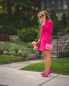 Visit here to see this all pink outfit idea on Mlle Jules Blog! If you are looking for a fuschia dress outfit for a party, then this is the blog post for you. Get inspired to wear a super fun and classy fuschia dress outfit before fall comes around. There is nothing better than wearing a hot pink blazer as a dress or over a summer shorts set. Be sure to shop these amazing hot pink clothes before it gets too cold to wear. Best hot pink clothes cute outfits. #pink #outfits #style Fuschia Dress Outfit, Hot Pink Clothes, Blazer As A Dress, Cute Outfits Pink, All Pink Outfit, Pastel Pants, Hot Pink Denim