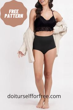 a woman wearing a black bra and panties with the words free pattern below her image