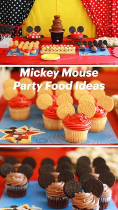 mickey mouse cupcakes and other treats are on display