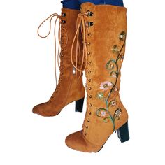 Vintage Floral Boots, Floral Suede Boots, Spring Embroidered Knee-high Boots, Brown Embroidered Western Boots, Spring Floral Embroidered Multicolor Boots, Lane Boots, Embroidered Boots, 60s And 70s Fashion, Boots Suede