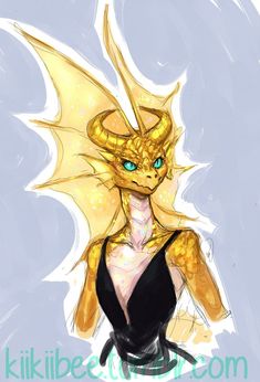 a drawing of a woman in a black dress with yellow dragon wings on her head