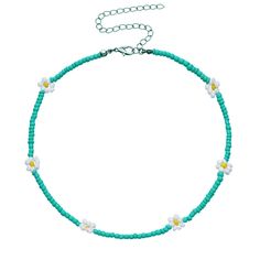 FLOWER BEADED TEAL necklace Daisy Choker, Teal Necklace, Vacation Jewelry, Flower Choker Necklace, Seed Bead Flowers, Choker Designs, Teal Flowers, Flower Choker, Beaded Collar