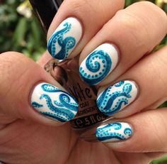 tentacle nails Octopus Nails, Cruise Nails, Nautical Nails, Simple Nail Art Designs, White Nail, Beach Nails, Funky Nails