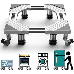 four different types of tables with wheels on each side and one person in the middle