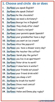 a question sheet with the words choose and circle do or does