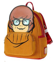 Join Scooby Doo's Velma on her next mysterious adventure with this Classic Velma Cosplay Mini Backpack. Needing to solve a mystery? Velma's got you covered. This bag features a magnifying glass zipper charm, corduroy material, and a Junkies hippie style patch on the back. And don't forget to check out the matching inside lining. Dimensions: 9” W x 10.5” H x 4.5” D Material: Faux leather (polyurethane), & corduroy Features: Backpack features side pockets, silver-colored hardware, and applique, em Themed Cosplay Backpack, Themed Backpack For Cosplay, Scooby Doo Jacket, Scooby Doo Velma, Scooby Doo Keychain, Loungefly Scooby Doo, Scooby Doo Collection, Loungefly Mini Backpack Anime, Velma Cosplay