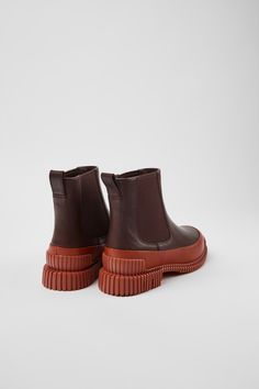 Pix  by Camper Sporty Fall Boots With Contrast Sole, Leather Boots With Rubber Waffle Outsoles And Round Toe, Sporty Brown Boots With Lug Sole, Sporty Brown Boots With Textured Sole, Sporty Brown Boots With Rubber Sole, Brown Leather Chelsea Boots, Camper Shoes, Chelsea Boots Women, Red And Brown