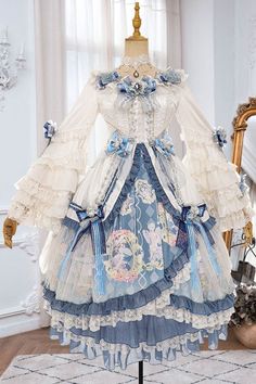 Blue/White Three Dimensional Flower Embroidery Hanayome Long Sleeves Bowknot Multi-Layer Ruffled Sweet Lolita OP Dress – LolitaInside Gaun Abad Pertengahan, Op Dress, Old Fashion Dresses, Chiffon Fashion, Kawaii Fashion Outfits, Fairytale Dress, Fantasy Dress, Fashion Inspiration Design, Dress Hats