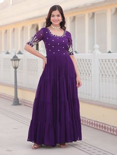 Buy Purple Embroidered Georgette Festival Wear Gown From Ethnic Plus Purple Traditional Dress, Purple Ethnic Wear, Anarkali Pakistani, Dress Anarkali, Bridal Indian, Red Lehenga Choli, Bollywood Bridal