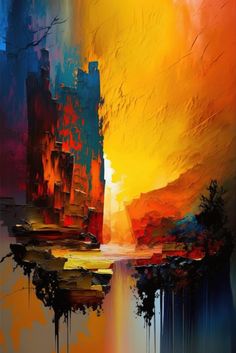 an abstract painting with orange, yellow and blue colors