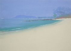 an oil painting of a beach with blue water