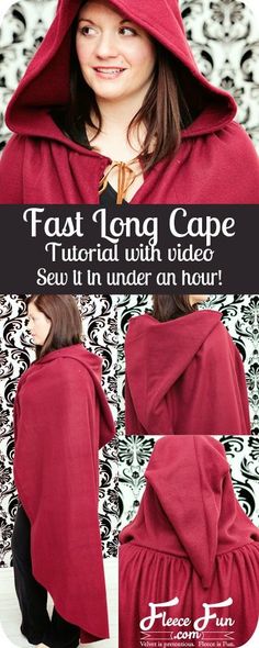 a woman wearing a red cape and black pants with the text fast long cape free pattern with video sew it in under an hour