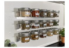 a wall mounted spice rack filled with lots of spices