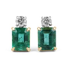 Elegance defined! The perfect gift for someone celebrating a birthday or anniversary, these 7.20tcw vivid sea deep green emerald cut and diamond earrings are fashioned in solid 18k yellow and white gold. They feature genuine rare deeply saturated emeralds accented with natural brilliant white diamonds. These emeralds have a combined 6.45 total carat weight and a sea-deep bluish-green hue that contrasts with the flashing fire of the diamonds. Portrayed from the underside for enhanced brilliance and sparkle, the brilliant round cut diamonds have a combined 0.75 total carat weight.  Setting Style: Prong Setting Material: 18K Yellow & White Gold  Setting Weight: 4.7 Grams Main Stone: Emerald Shape: Emerald Cut Weight: 6.45-Carats Clarity: Transparent Color: Vivid Sea Deep Green Luster: Excelle Formal Emerald Earrings With Birthstone, Formal Emerald Birthstone Earrings, Emerald Earrings With Brilliant Cut For Anniversary, Formal Emerald Earrings With Prong Setting, Classic Emerald Earrings For Formal Occasions, Classic Formal Emerald Earrings, Green Emerald Earrings For Anniversary, Green Earrings For Anniversary, May Birthstone, Green May Birthstone Earrings For Anniversary