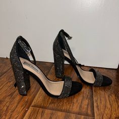 Steve Madden Black Rhinestone Block Heels Women’s Size 7 Worn Once For 30 Minutes Brand New Condition Ankle Strap Heels With Bling For Night Out, Embellished Block Heels For Night Out, Block Heels With Glitter Accents For Night Out, Glitter Accents Block Heels For Night Out, Black Sparkling Open Toe Heels, Glamorous Black Heels With Bling, Glamorous Black Bling Heels, Black Embellished Block Heel Shoes, Black Block Heels With Rhinestones