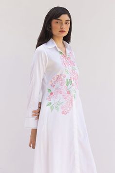 White full cuff sleeves collared maxi shirt dress with Primrose bunch hand painted detailing. - Aza Fashions Shirt Dress For Women, Shirt Dress Pattern, Satin Hands, Paint Shirts, Maxi Shirts, Collar Neck, Maxi Shirt Dress, Satin Color, Hand Paint